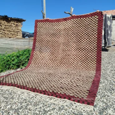 Hand-Knotted Burgundy Checkerboard Beni Ourain Rug