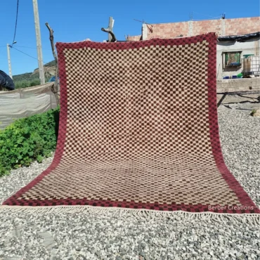 Hand-Knotted Burgundy Checkerboard Beni Ourain Rug