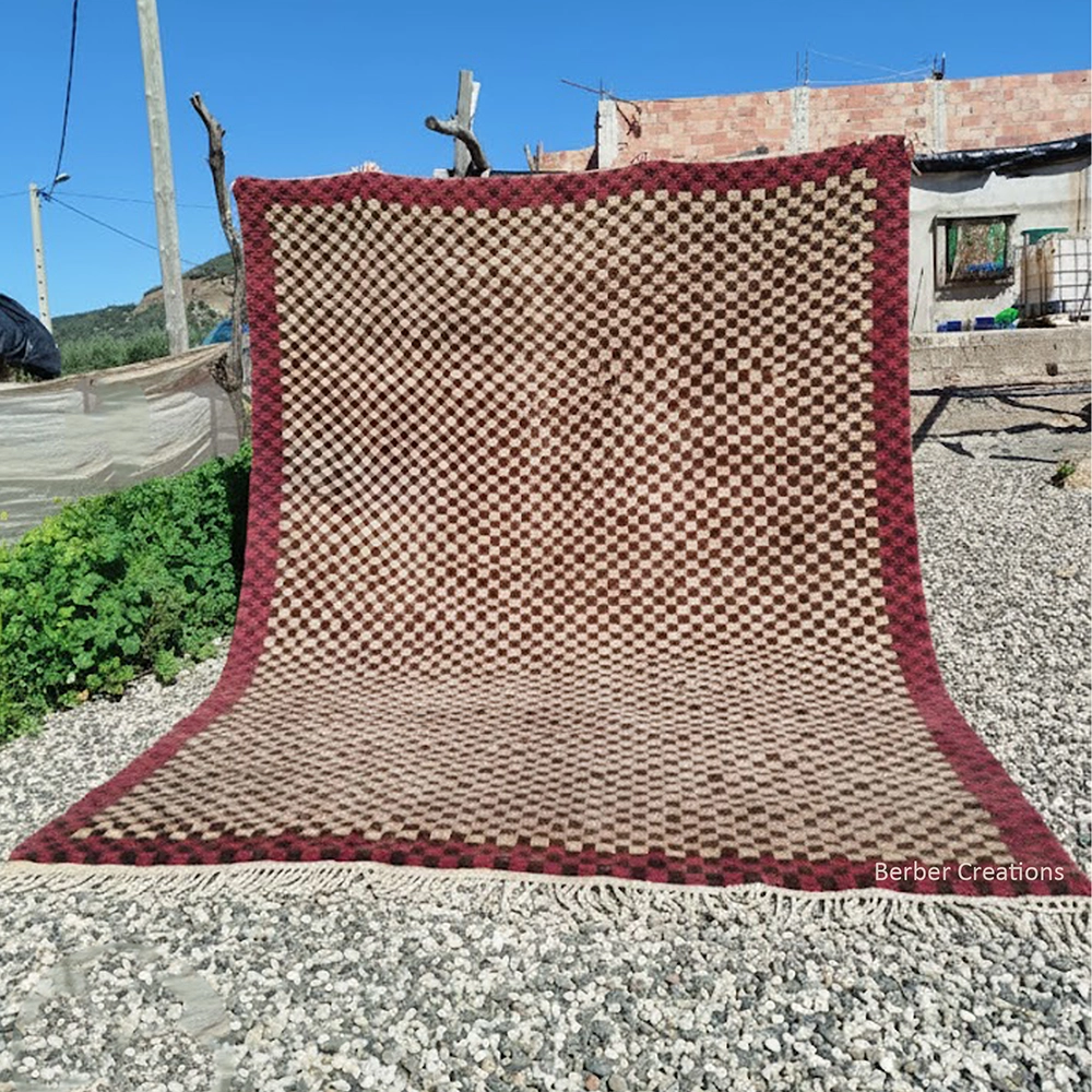 Hand-Knotted Burgundy Checkerboard Moroccan Beni Ourain Rug