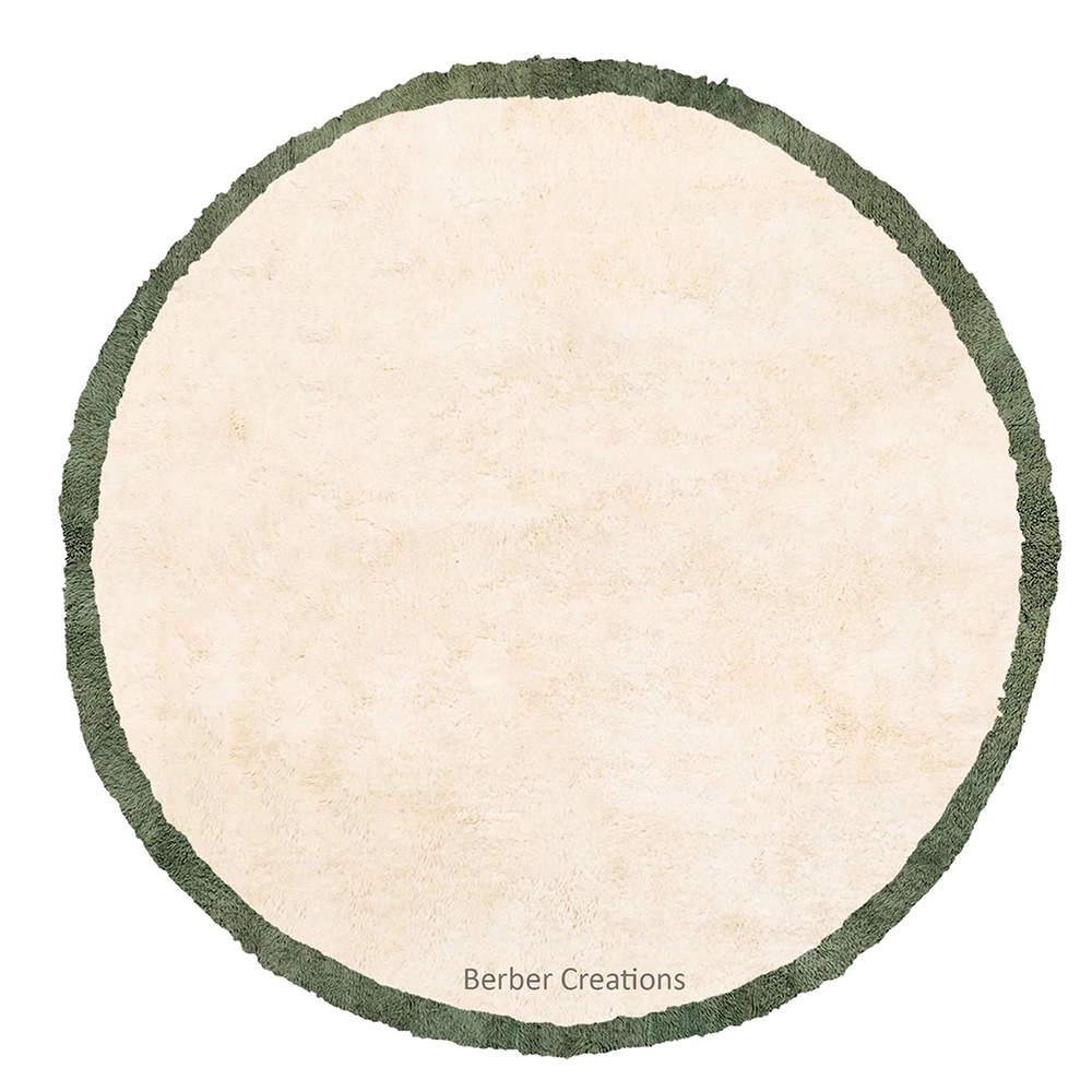 Hand-knotted round Moroccan Beni Ourain rug made of plush cream sheep's wool with a minimalist sage green border