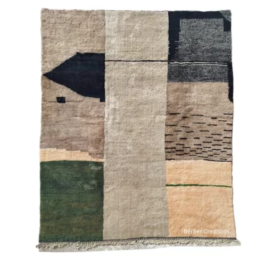 Custom Abstract Moroccan Rug – Green, Beige & Charcoal Wool The Atlas Horizon