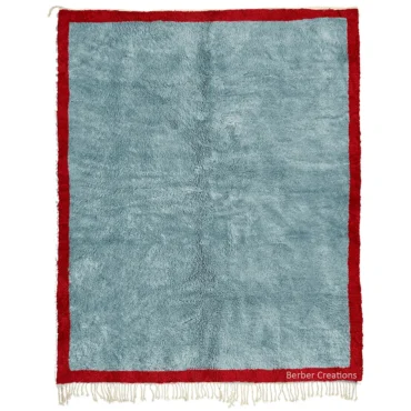 Hand-Knotted Moroccan Rug | Light Blue with Red Border | High Pile Wool