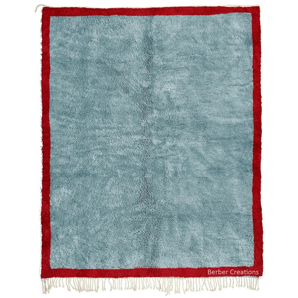 Moroccan Rug Light Blue With Red Border, Handwoven Area rug Ocean Citadel