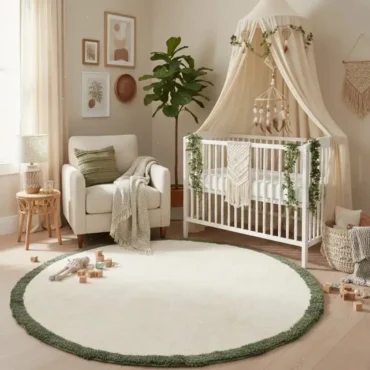 Hand-Knotted Round Beni Ourain Moroccan Rug – Organic Wool with Sage Green Border