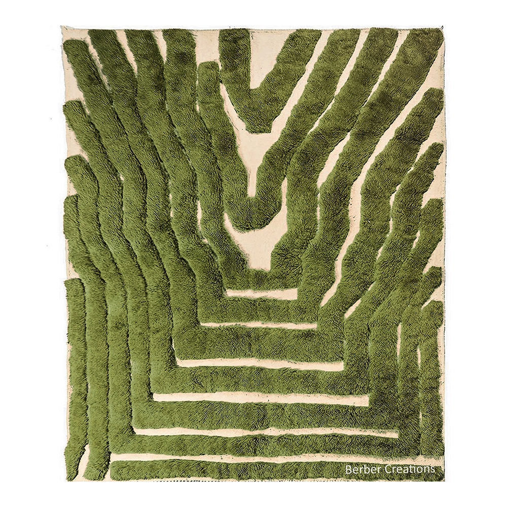 Sculptural Abstract Berber Rug Olive Green Cream High-Low wool HADIKA