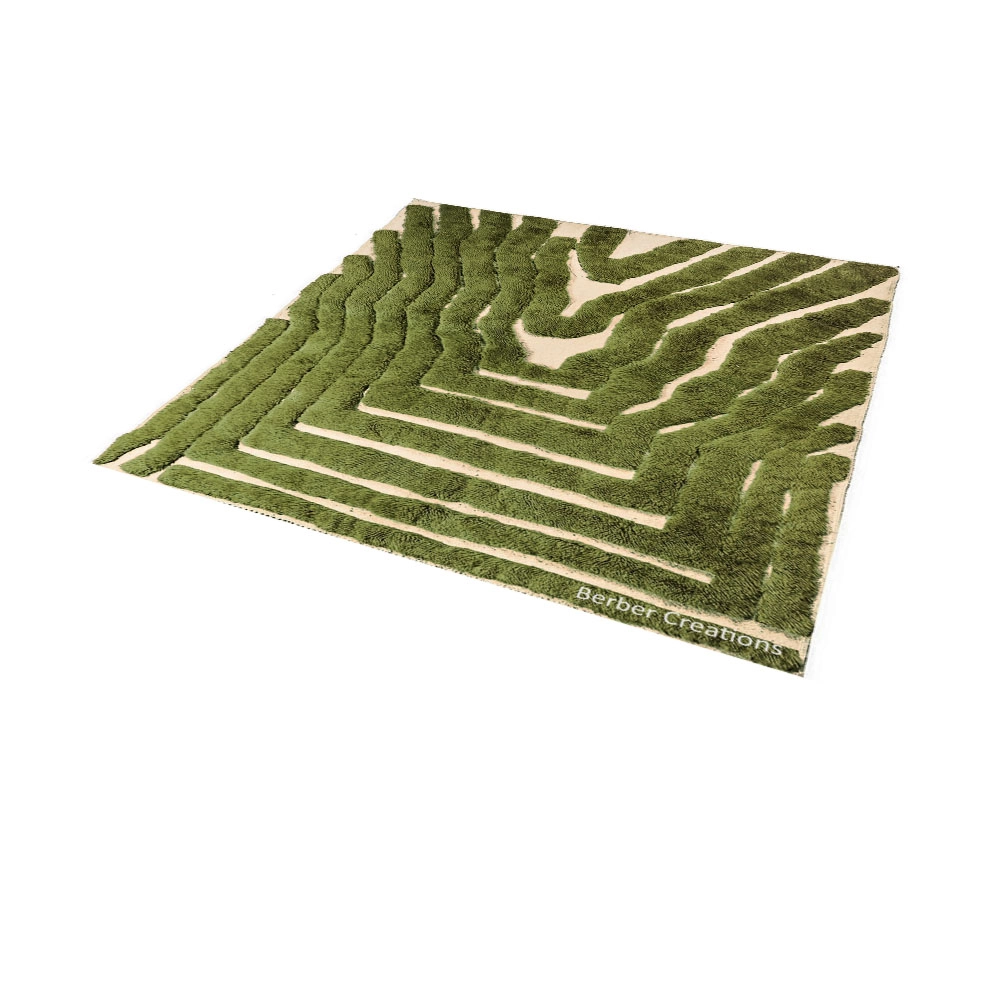 Sculptural Abstract Berber Rug Olive Green Cream High-Low wool HADIKA 2