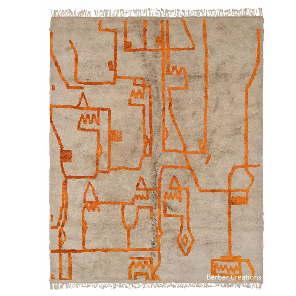Abstract moroccan rug orange beige handmade rinkon
