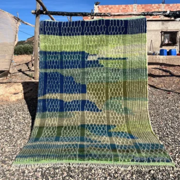Hand-Knotted Abstract Moroccan Rug – Green, Navy & Cream Lattice Design