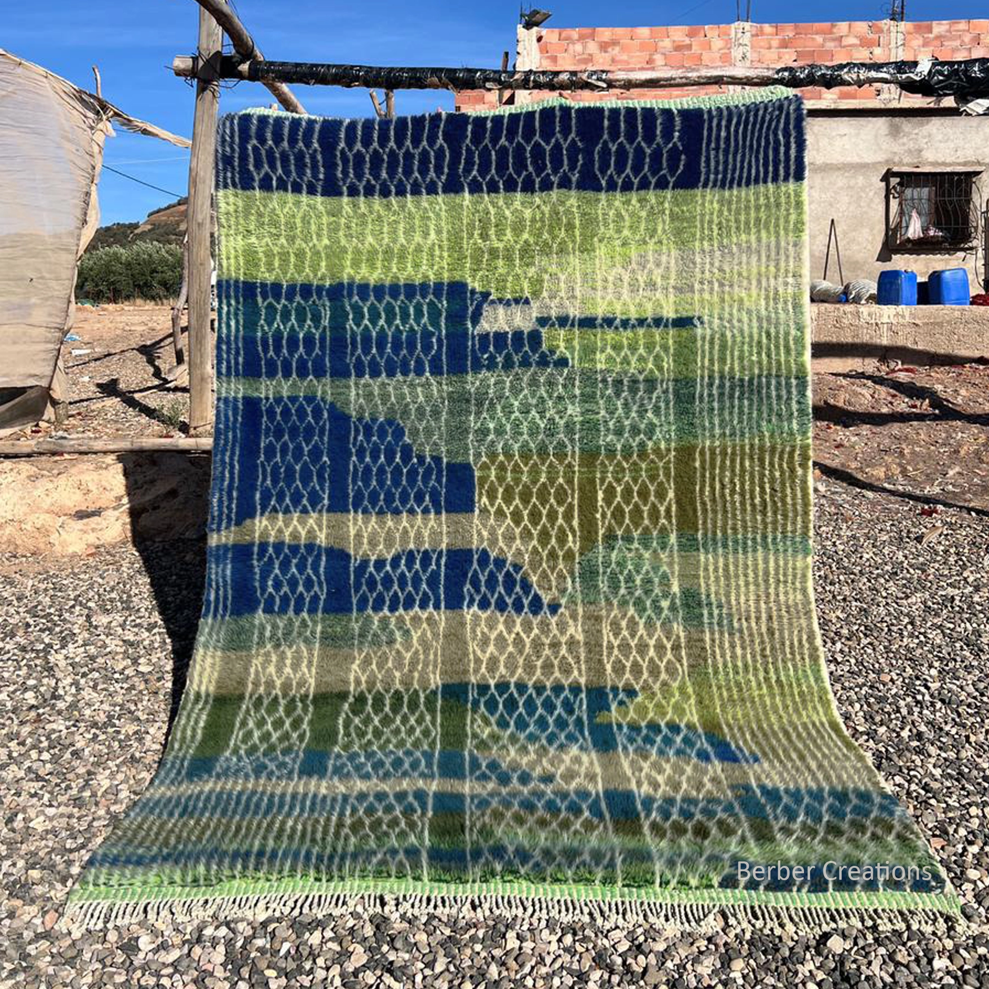 contemporary Moroccan wool rug green, navy blue, and sage (1)