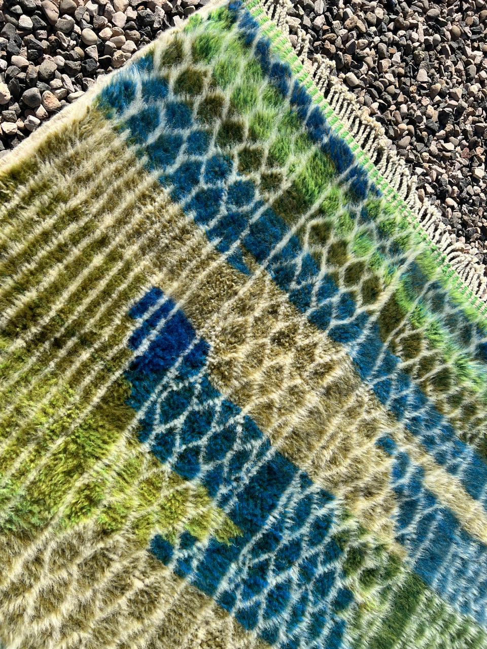 contemporary Moroccan wool rug green, navy blue, and sage details 3