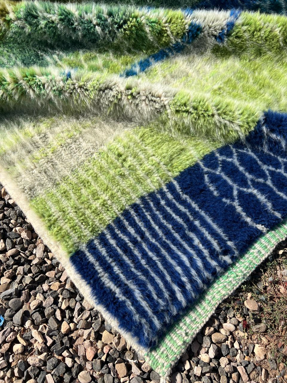 contemporary Moroccan wool rug green, navy blue, and sage details 4