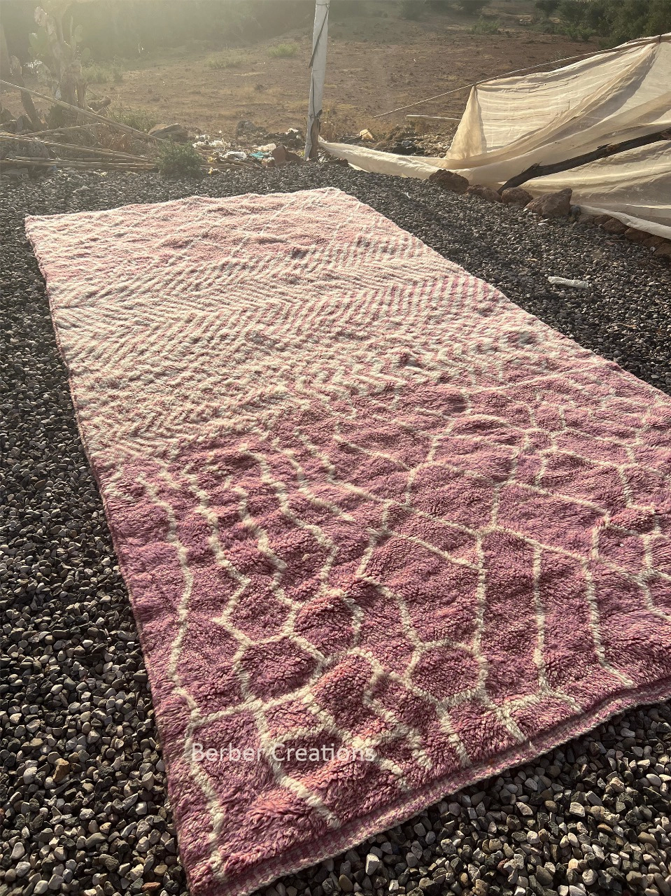 Abstract Mauve & Cream Moroccan Rug - Multi-Pattern Hand-Knotted Berber Wool Carpet - Image 4