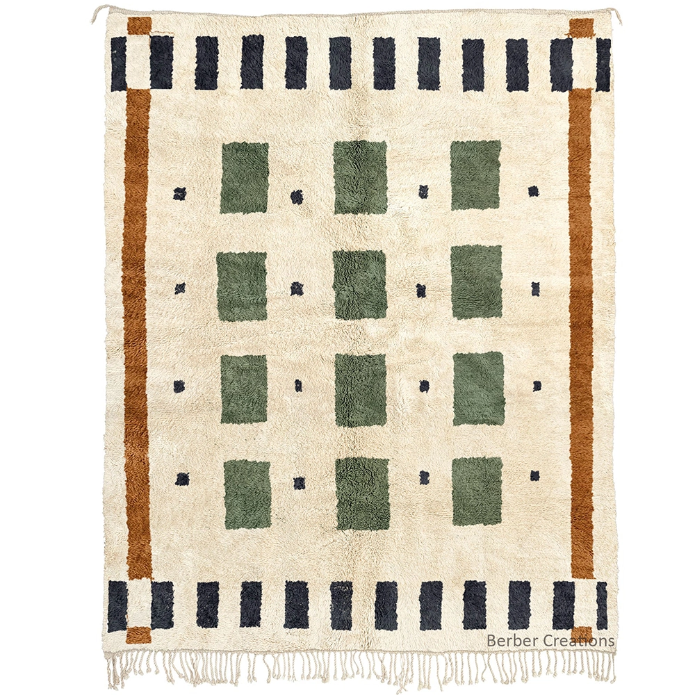 Hand-knotted The Medina Block Beni Ourain style wool rug with a high ivory pile and a modern geometric grid pattern in deep forest green, black, and brown.