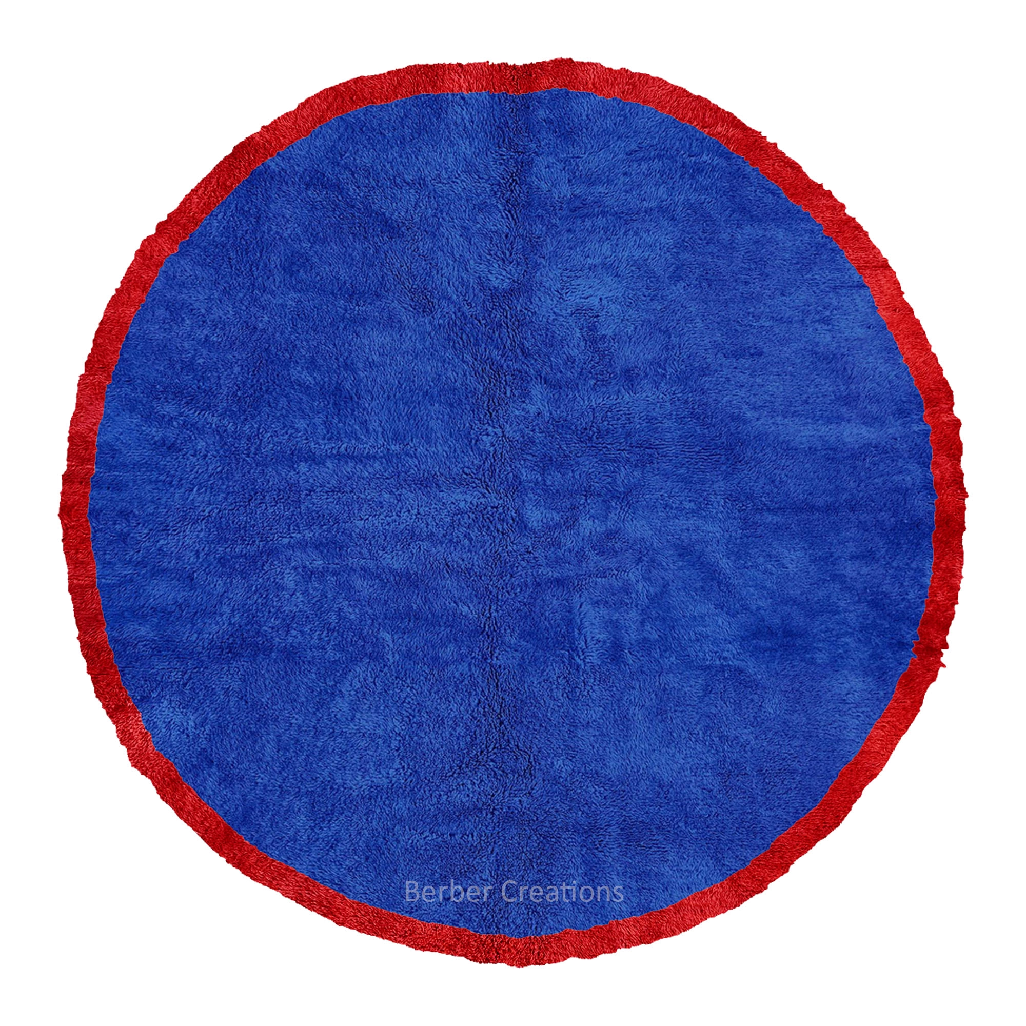 Vibrant round Moroccan rug with an electric blue center and bold red border, handcrafted from 100% high-pile wool.