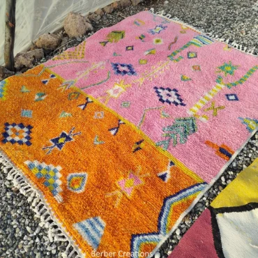 Hand-Knotted Pink and Orange Moroccan Azilal Rug – Abstract Berber Wool Art