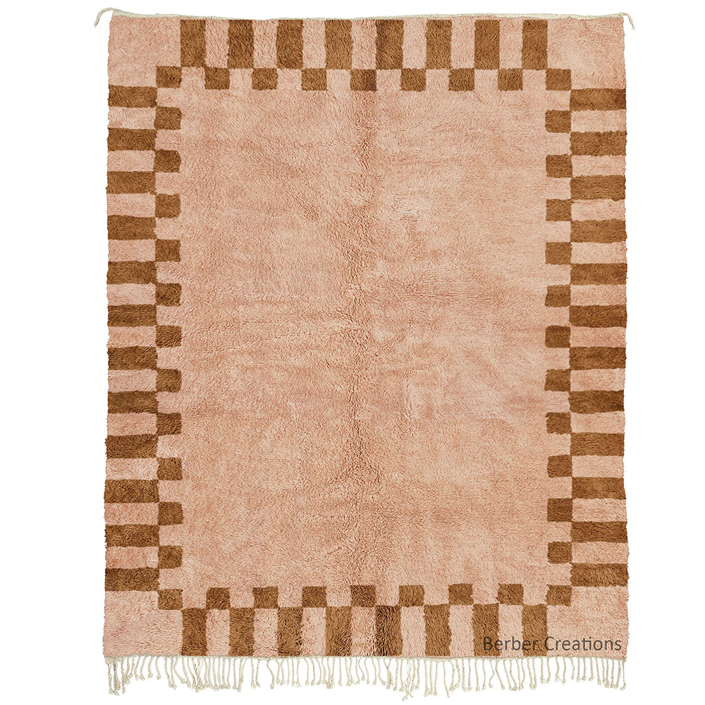 Beni Ourain Blush Pink & brown Checkered Rug Hand-Knotted