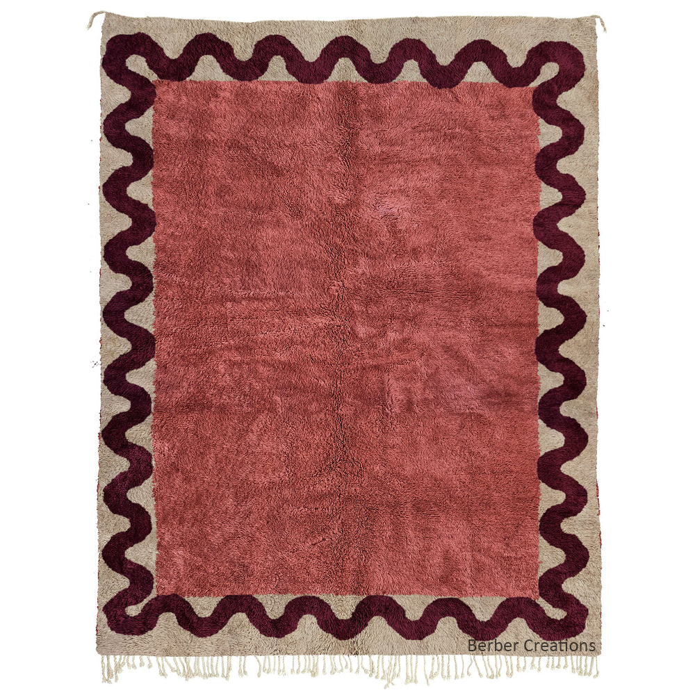 Hand-knotted Moroccan beni rug terracotta pink burgundy wavy squiggle border