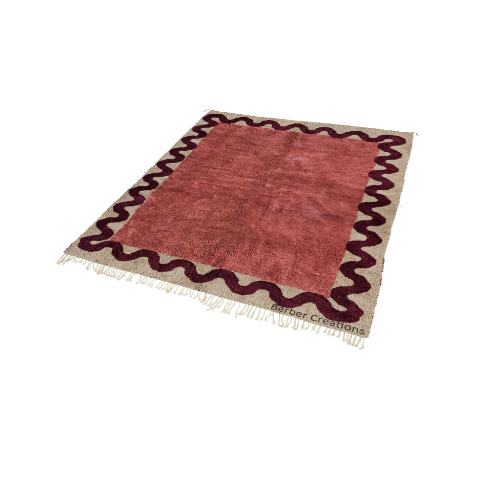 Hand-knotted Moroccan beni rug terracotta pink burgundy wavy squiggle border flat lay