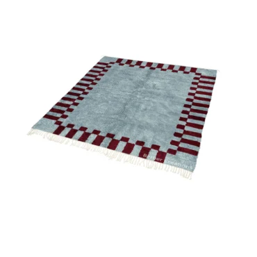 Hand-Knotted Moroccan Berber Rug – Light Blue with Burgundy Checkered Border JOUD