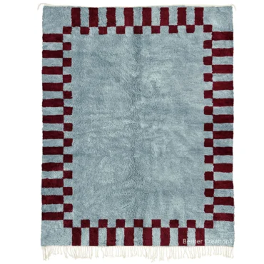 Hand-Knotted Moroccan Berber Rug – Light Blue with Burgundy Checkered Border JOUD