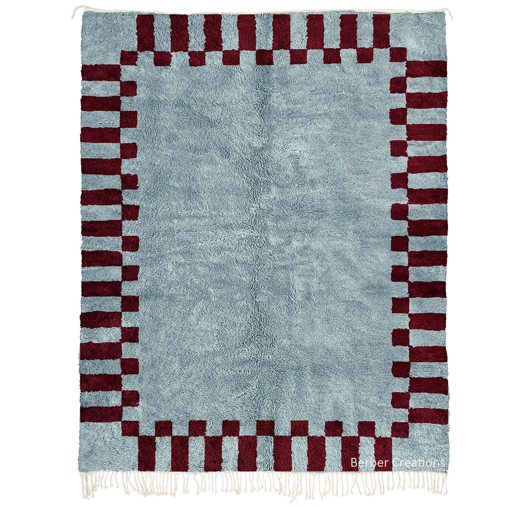 Hand-knotted Moroccan wool rug light blue center and burgundy red checkered border