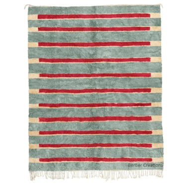 Modern Striped Moroccan Berber Rug – Light Blue & Red Wool INDILA