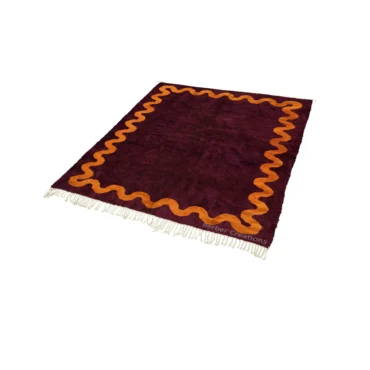 Hand-Knotted Wavy Border Moroccan Rug – Deep Burgundy & Burnt Orange
