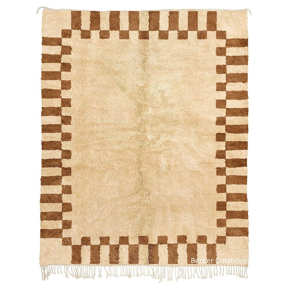 Plush cream Moroccan rug with a brown checkered border