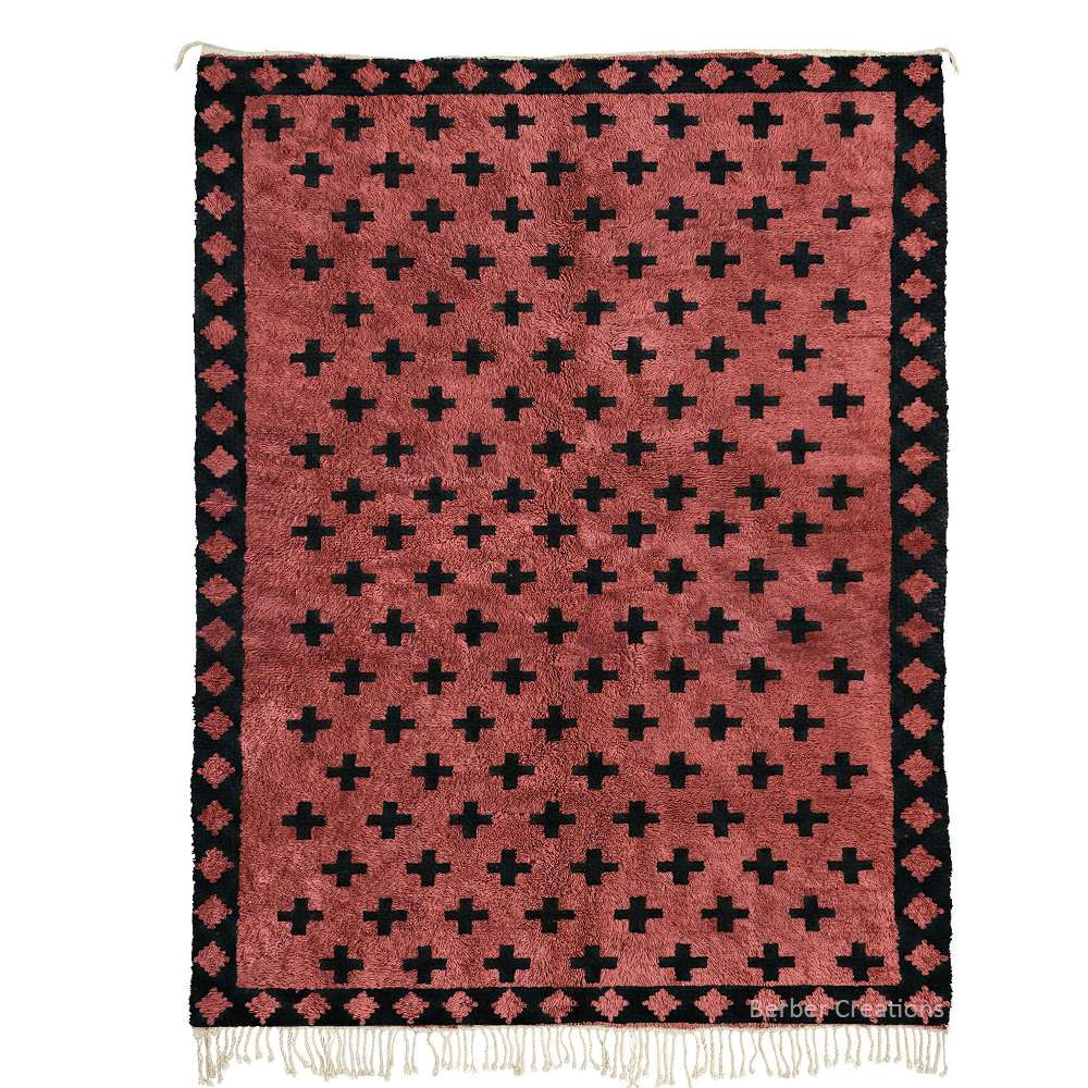 Red Moroccan rug Crimson Citadel black tribal pattern on crimson wool, handmade
