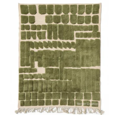 Geometric Moroccan Berber Rug – Textured Olive Green & Cream Wool