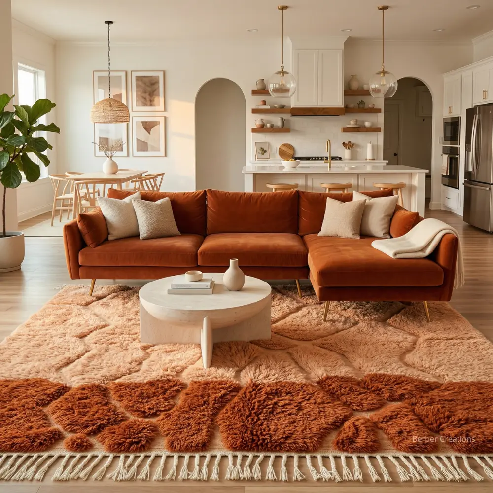 Hand-knotted-3D-textured-Moroccan-rug-peach-and-earth-toned-wool-living-room