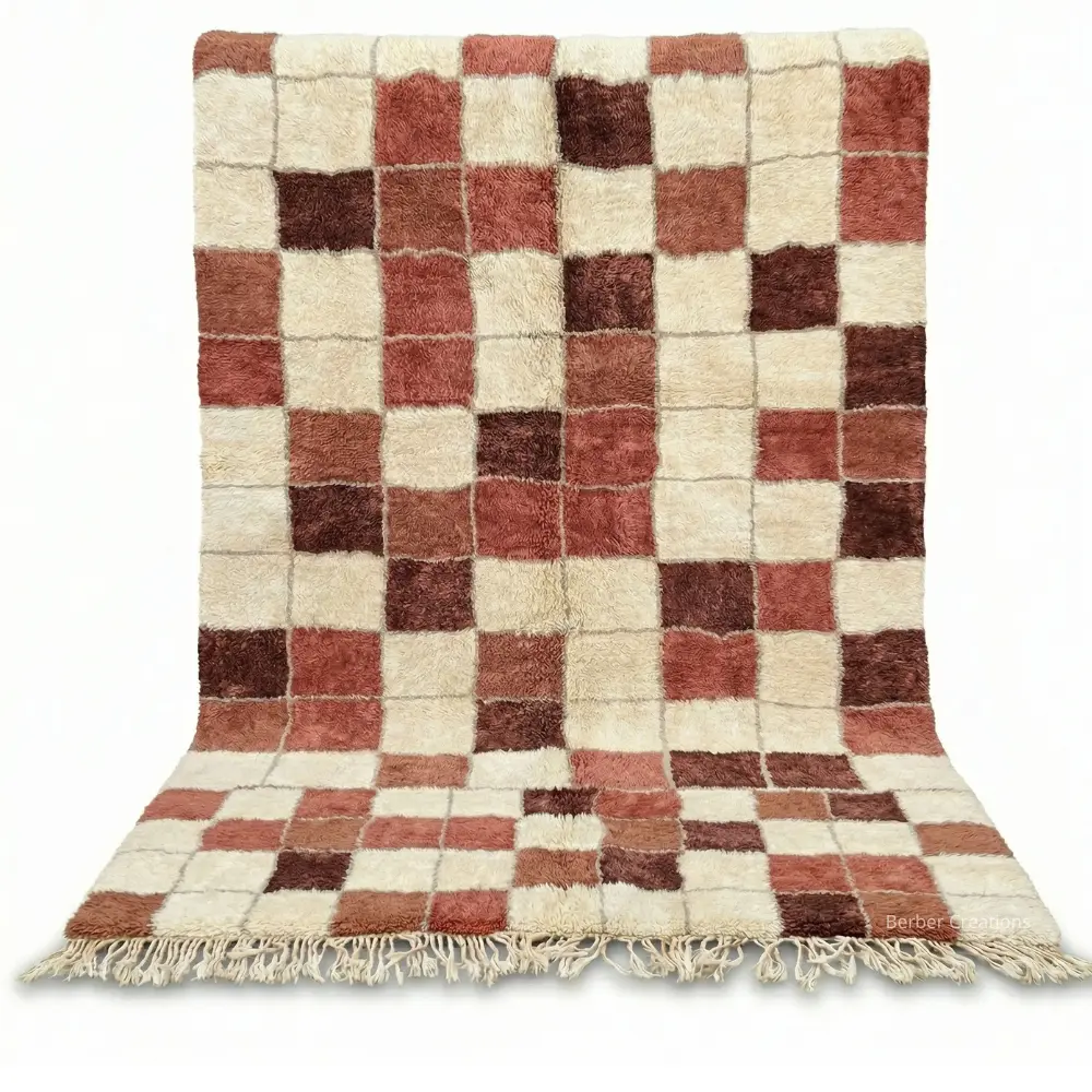 Hand-knotted Moroccan checkered rug terracotta, mahogany, and cream wool
