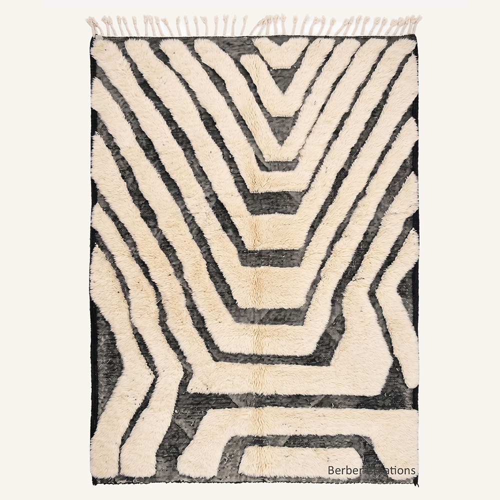 Monochrome Maze 3D textured cream and black wool Moroccan rug with sculptural high-low pile by Berber Creations