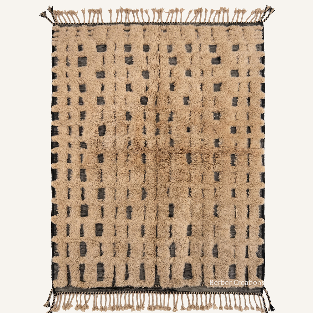 The Atlas Gridlock – Warm camel and charcoal black custom Moroccan rug with geometric grid pattern, hand-knotted by Berber Creations.