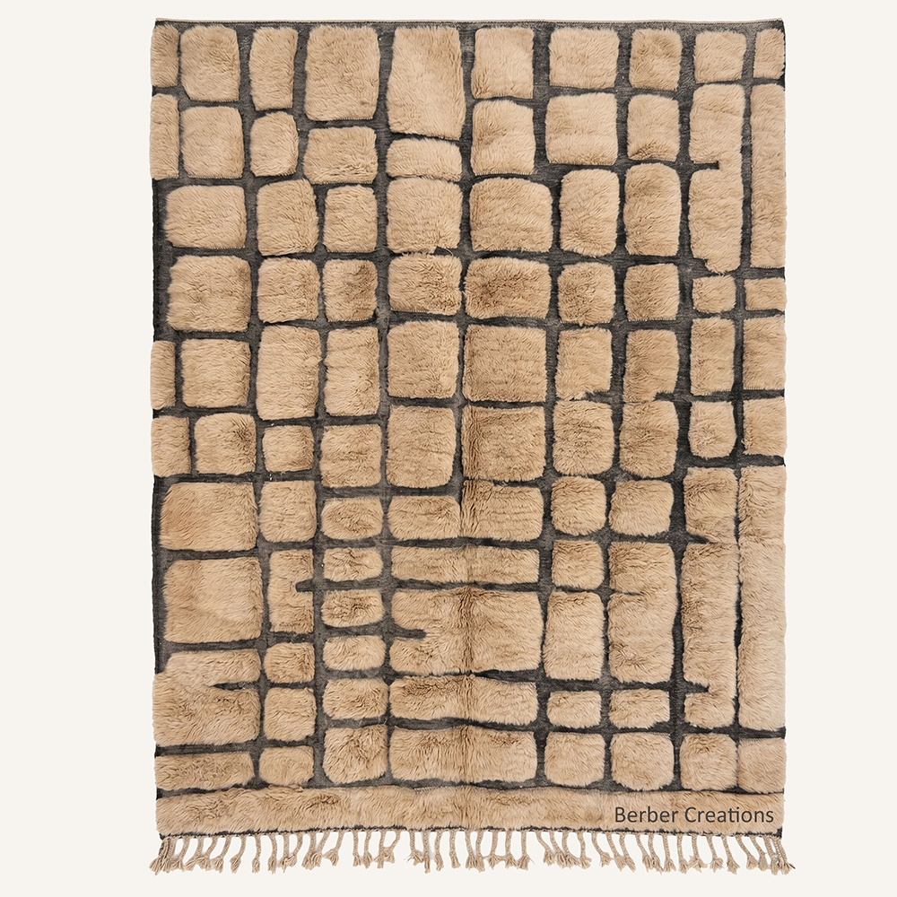 The Cobblestone Citadel – Warm camel and slate grey custom Moroccan rug with geometric block pattern, hand-knotted by Berber Creations.