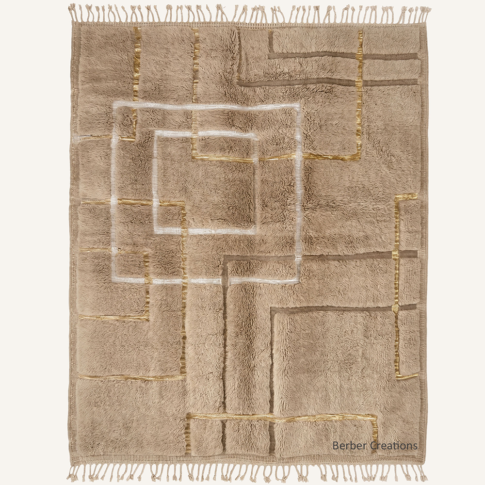 The Gilded Labyrinth – Sculptural taupe and gold custom Moroccan rug with 3D carved design, hand-knotted by Berber Creations.