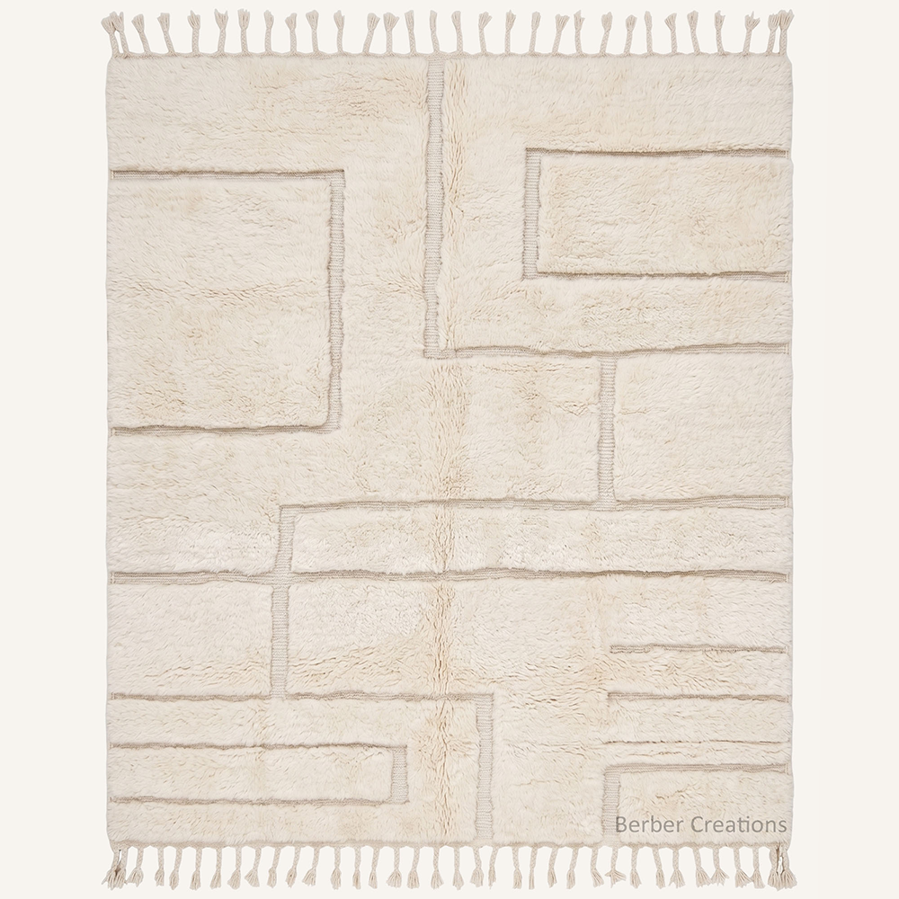 Hand-knotted ivory Moroccan Berber rug with 3D geometric pattern, natural wool texture, minimalist cream area rug for modern living room decor