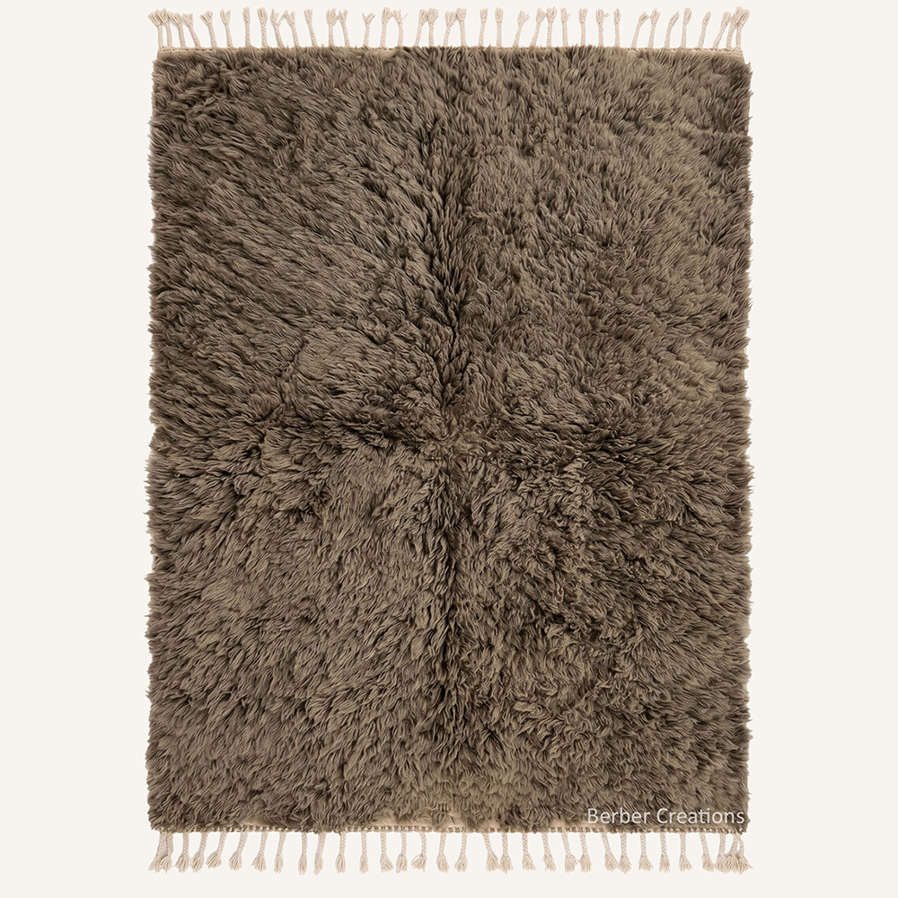 High pile brown Beni Mrirt Moroccan rug handmade in Atlas Mountains workshop shaggy organic wool carpet