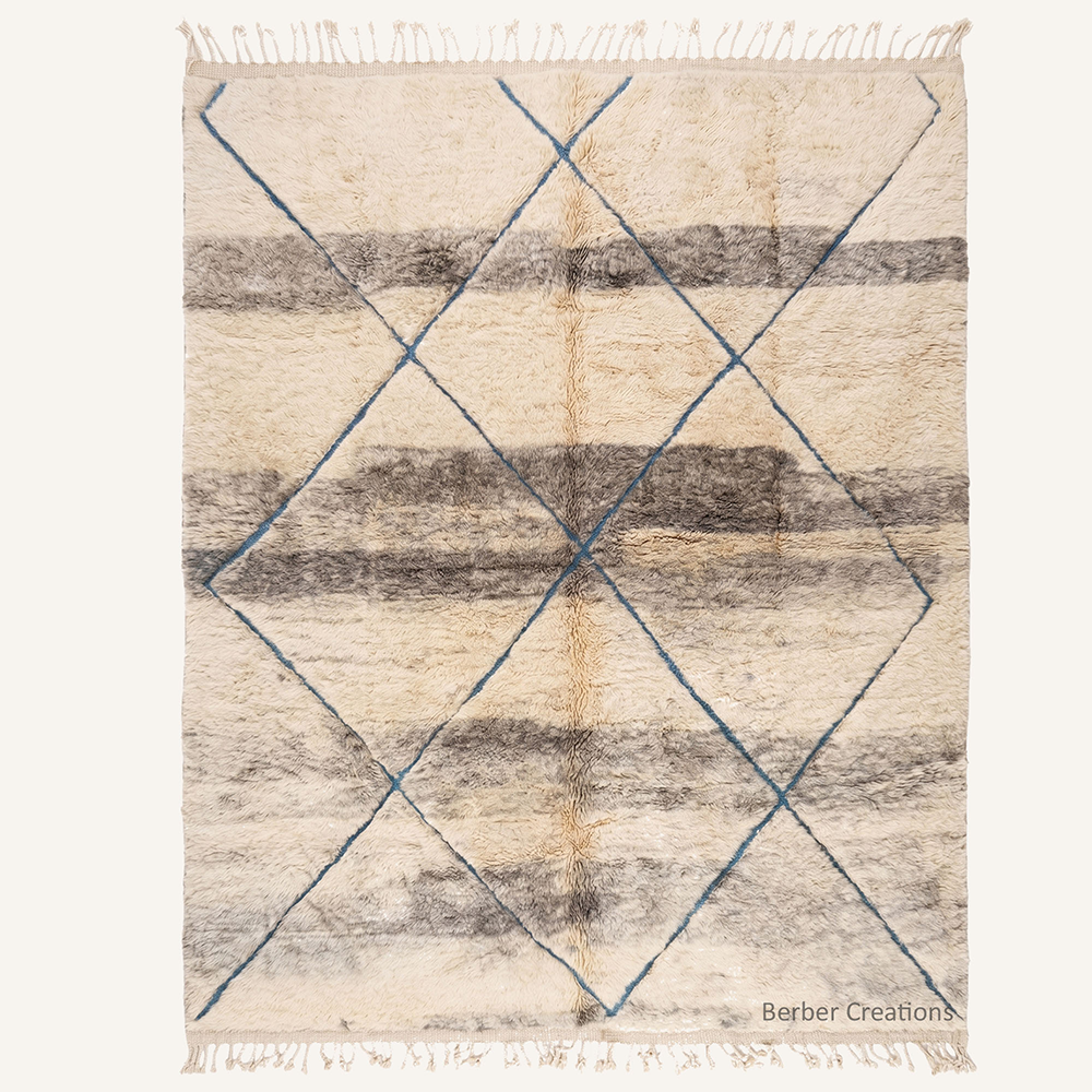 The Indigo Interlace – Modern ivory and grey custom Moroccan rug with indigo blue diamond grid, hand-knotted by Berber Creations.