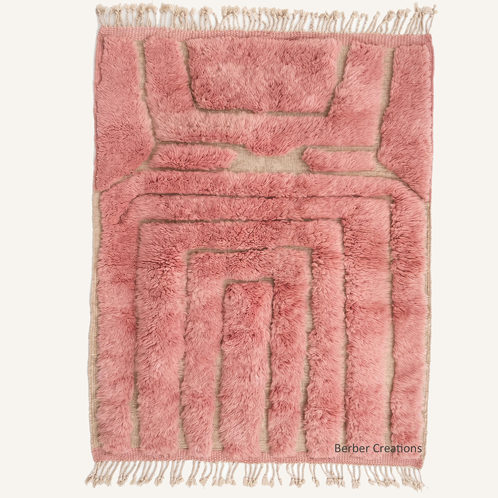 The Roseate Radiance – Sculptural blush pink custom Moroccan rug with 3D carved design, hand-knotted by Berber Creations.