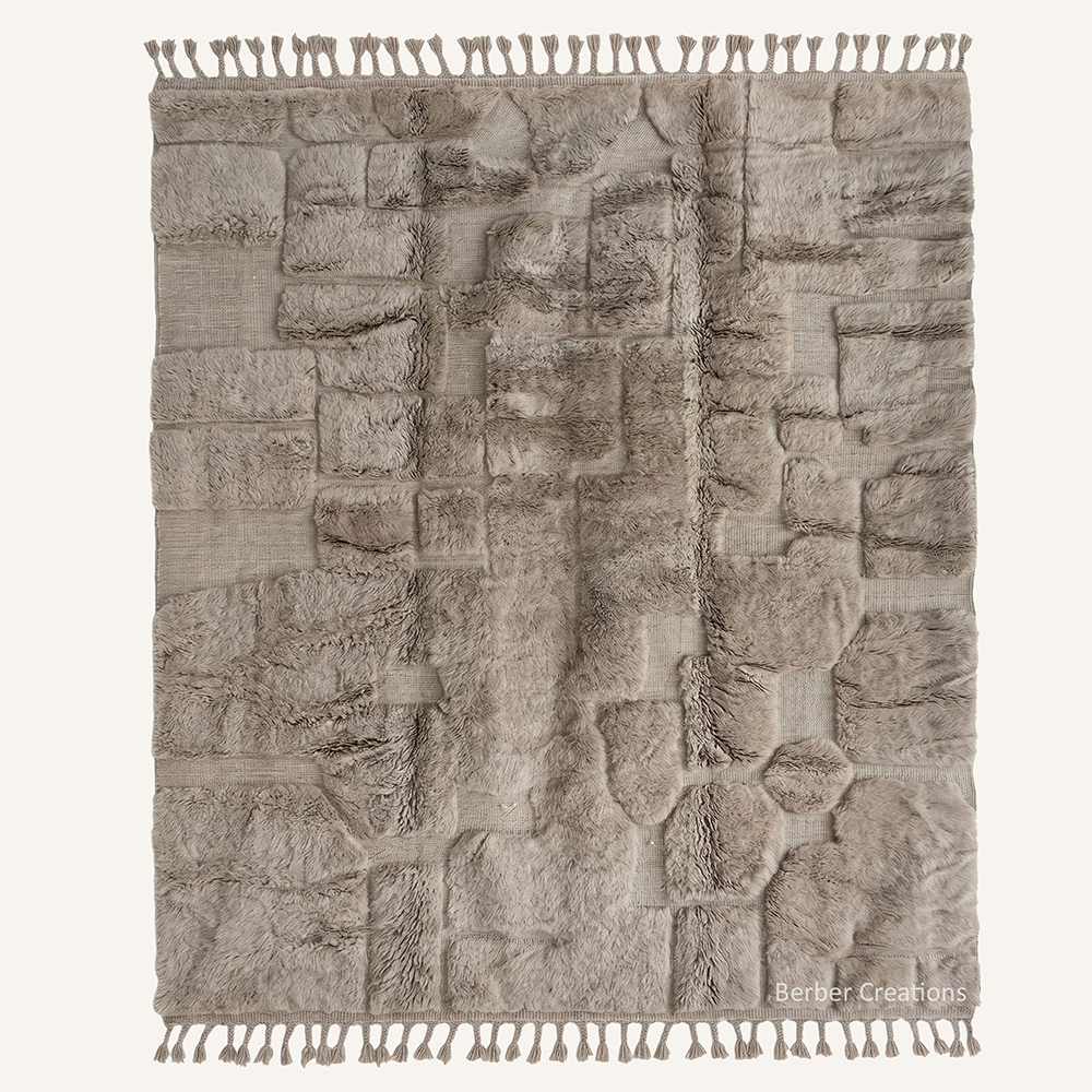 The Stone-Washed Sanctuary – Sculptural warm grey custom Moroccan rug with 3D carved design, hand-knotted by Berber Creations.