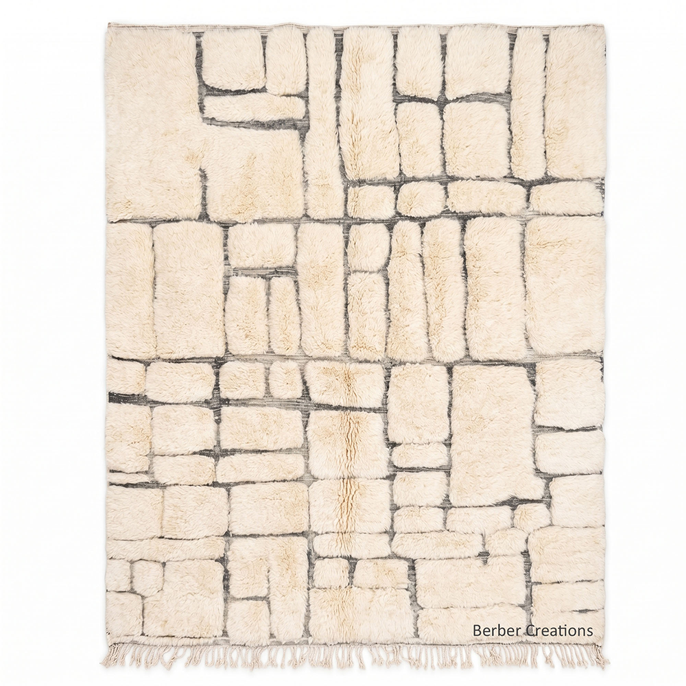 Nomad Mosaic abstract geometric Moroccan rug with plush cream wool blocks and dark lines by Berber Creations
