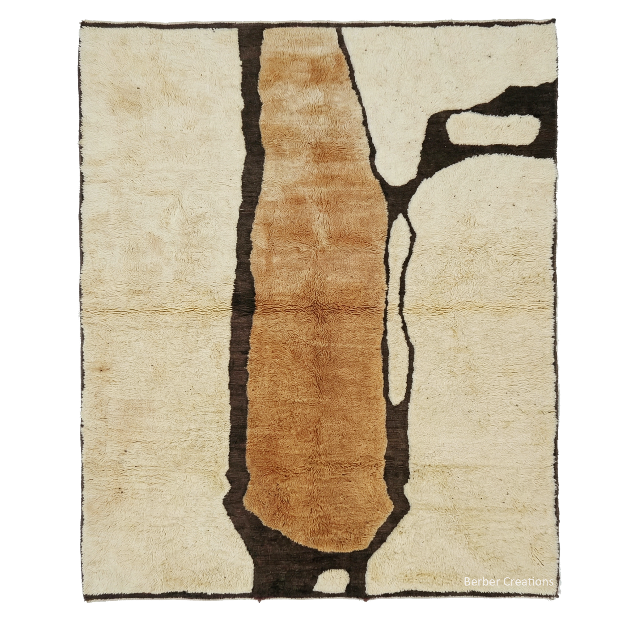 Custom-sized abstract Moroccan rug "The Amber Canyon" by Berber Creations. Features a vertical organic shape in amber and honey wool, outlined in dark brown on a cream background. High-pile artisanal textile made in our Atlas Mountains workshop.