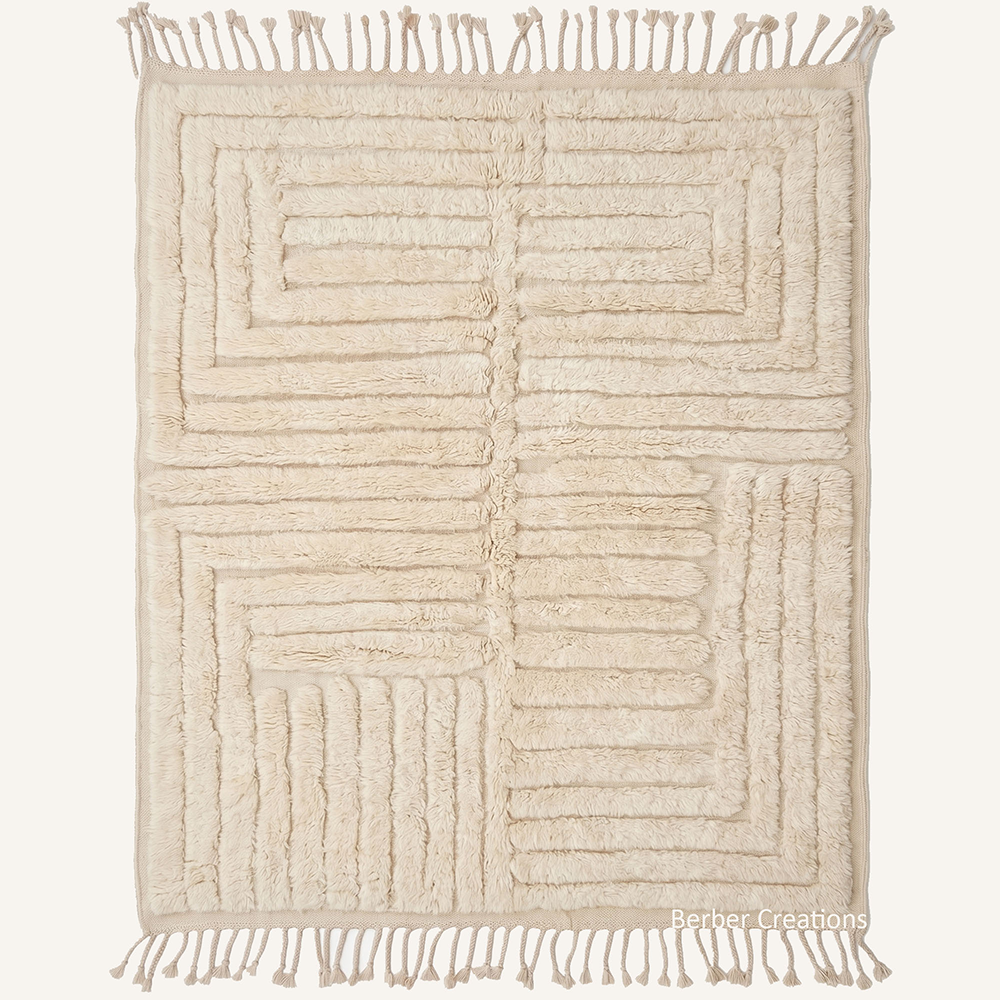 Atlas Labyrinth cream Moroccan wool rug with ribbed geometric maze pattern, hand-knotted by Berber Creations and available in custom sizes.