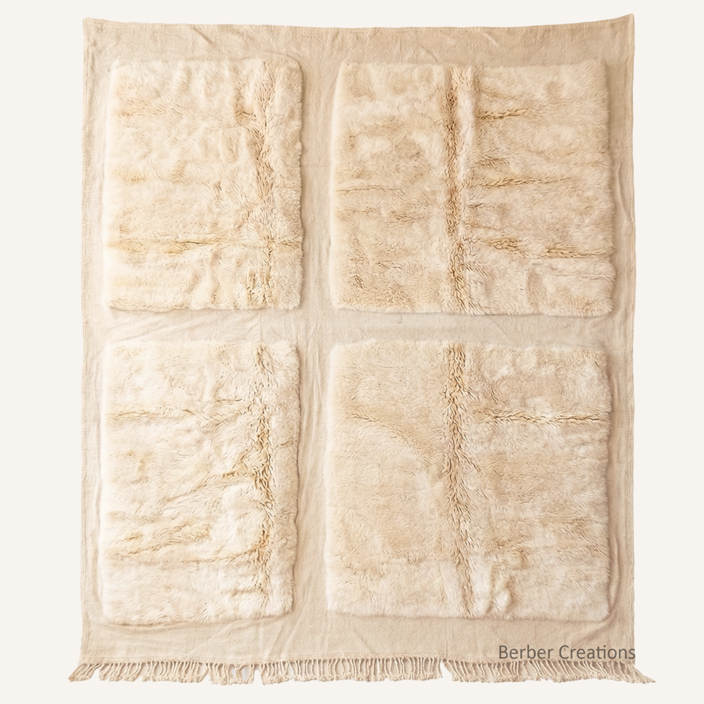 Atlas Quadrant cream Moroccan rug by Berber Creations with four high-pile wool sections on a flat-weave base, custom made in any size.