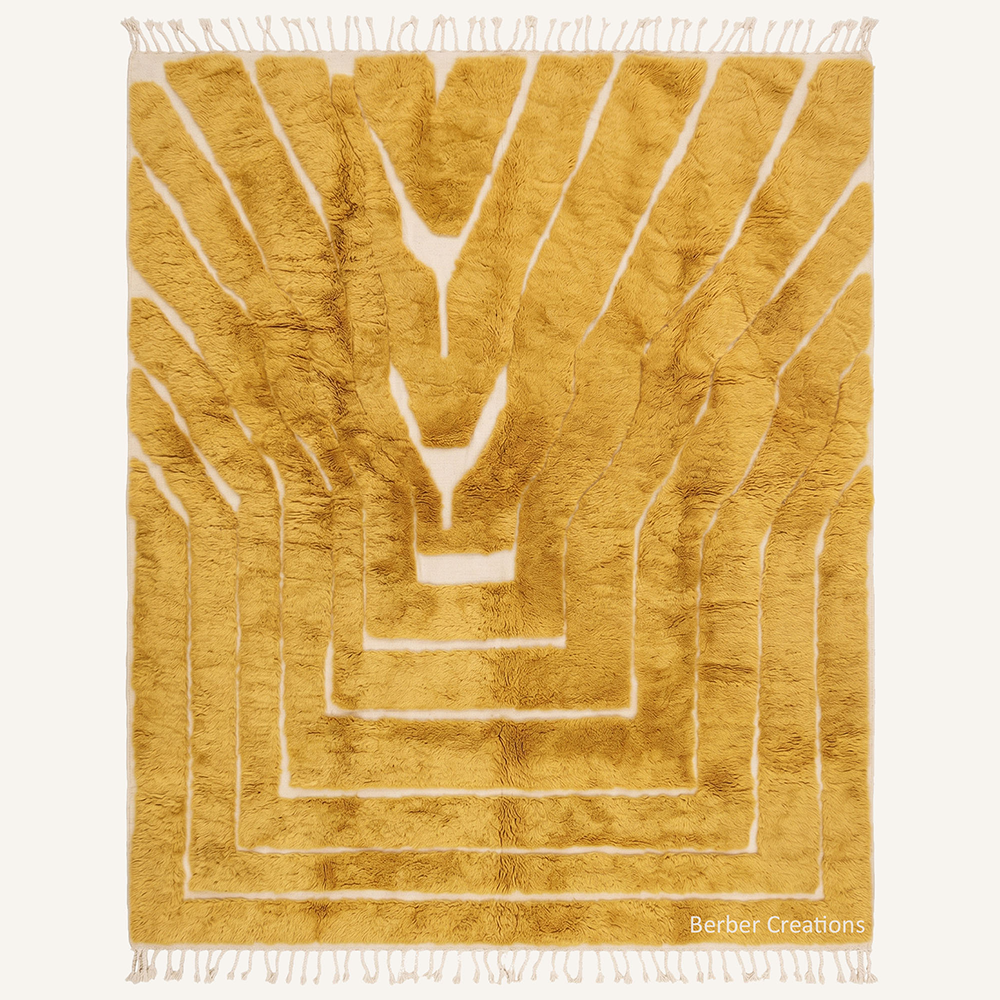 The Saffron Solstice – Radiant gold and cream custom Moroccan rug, hand-knotted from organic wool by Berber Creations.