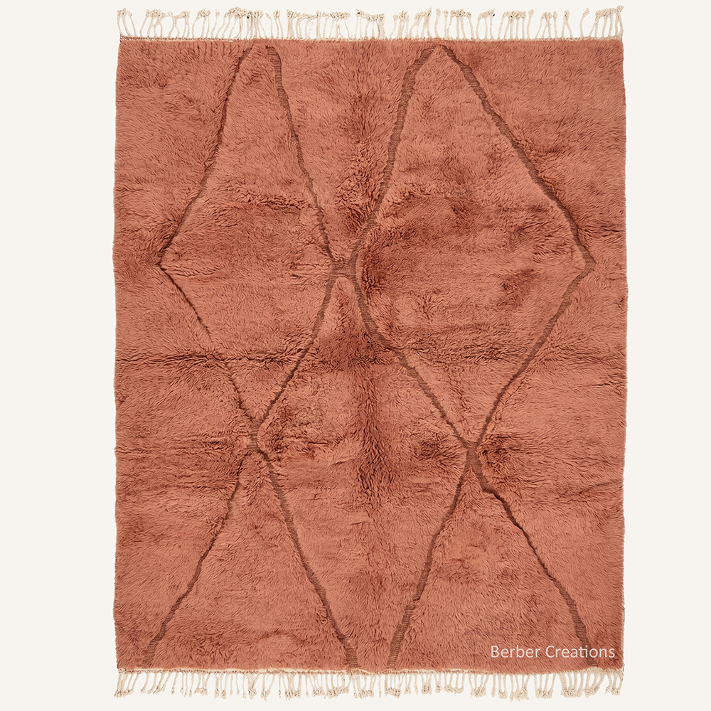 High-pile rose terracotta Beni Mrirt rug with hand-carved diamond pattern, handmade in our Moroccan workshop from organic wool.
