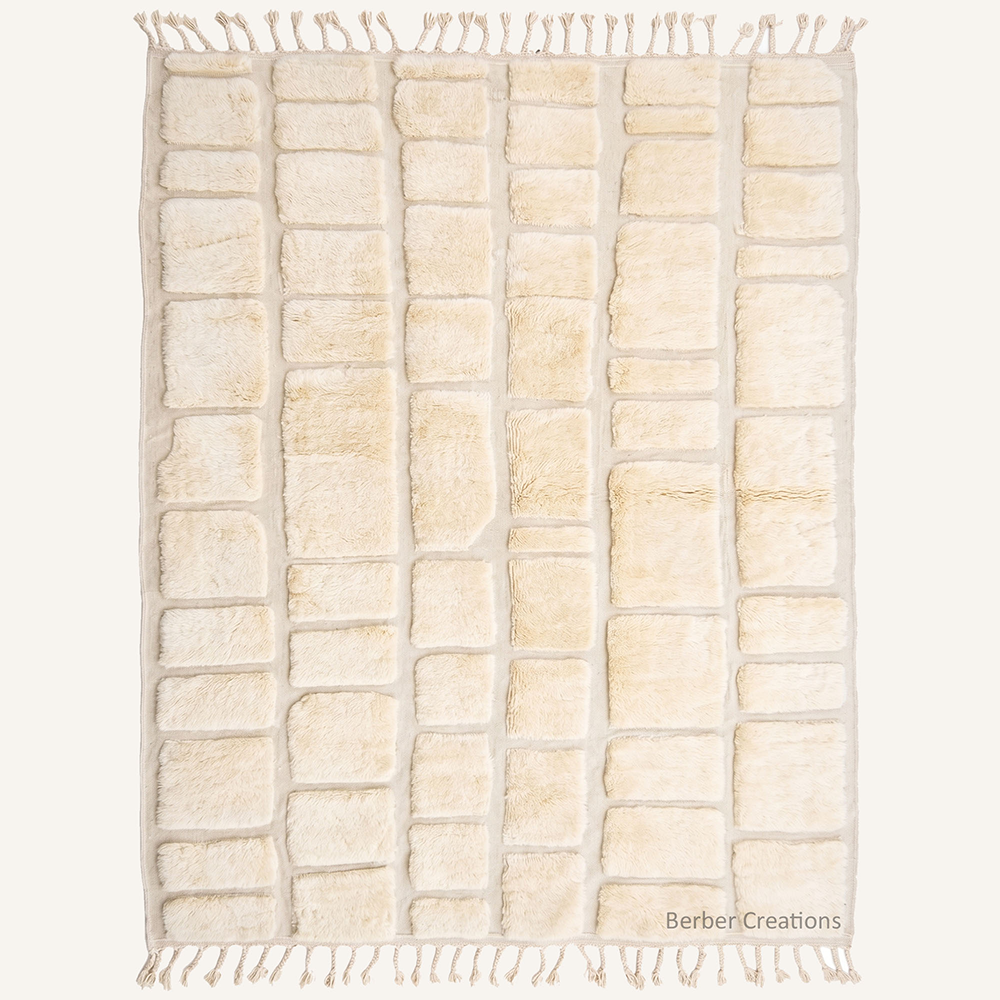 Ivory Gridwork 3D textured ivory wool Moroccan rug with geometric block pattern by Berber Creations