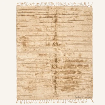 Beni Mrirt Rug: Linear Carved Beige Shag  – High Pile Cream Wool Carpet, Direct from Atlas Workshop