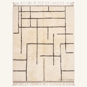The Ivory Intersection Beni Mrirt Rug: Minimalist Black Grid on Ivory Shag – High-Density Organic Wool, Direct from Atlas Workshop